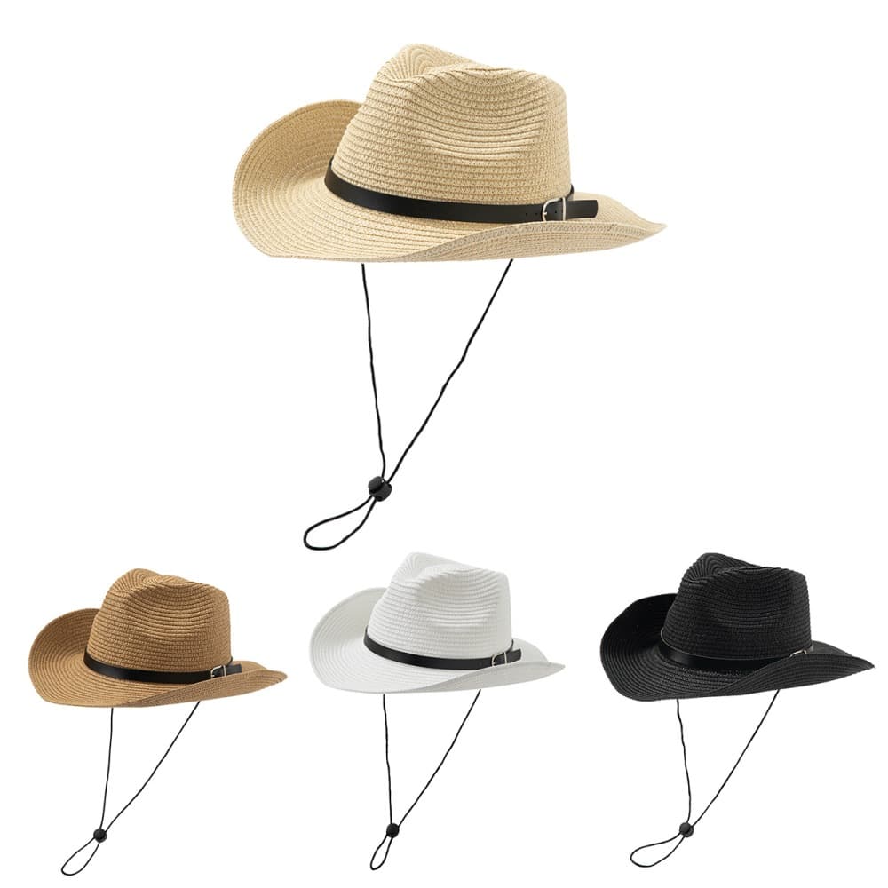 Windproof Wide Brim Straw Hat - Adjustable Rope Belt Sun Protection Hat For Beach Travel