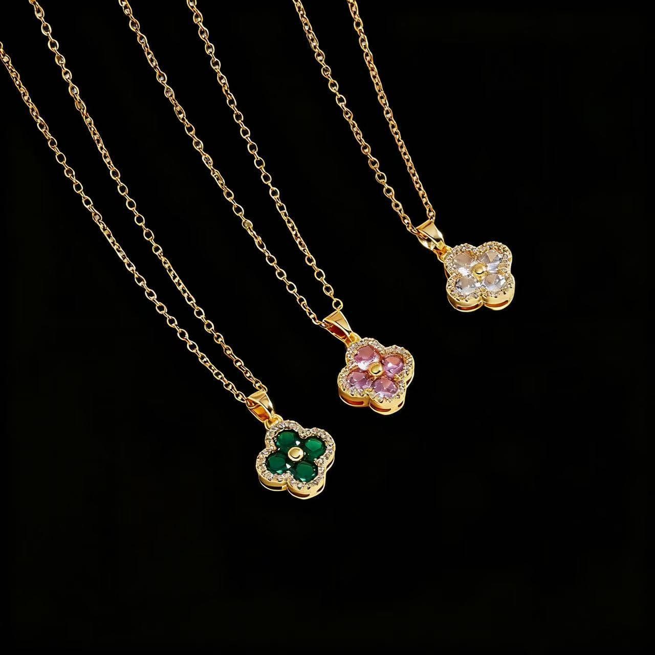 Cross-Border Hot Selling Full Zircon Lucky Colorful Diamond Four-Leaf Clover Titanium Steel Necklace For Women Ins Light