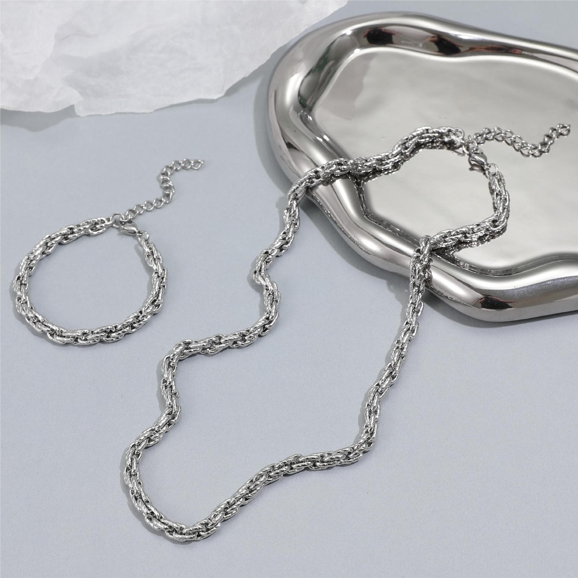 Trendy Hip Hop Necklace For Boys, Simple And Basic Plain Chain, Titanium Steel Indentation, Double Woven Chain, Twisted Rope Necklace
