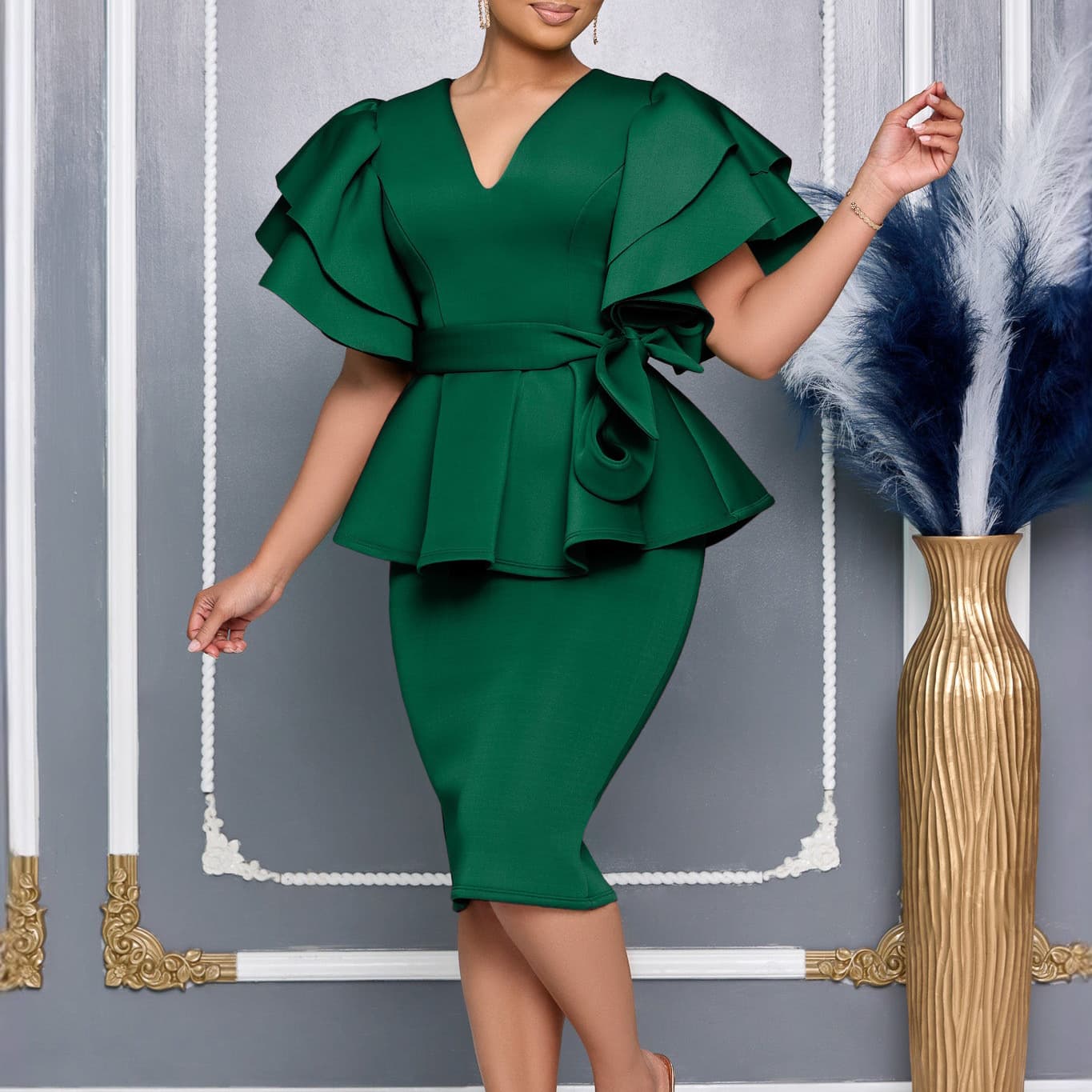 Women's Clothing New Fashion Temperament Elegant Ruffle Solid Color Hip Party Dress