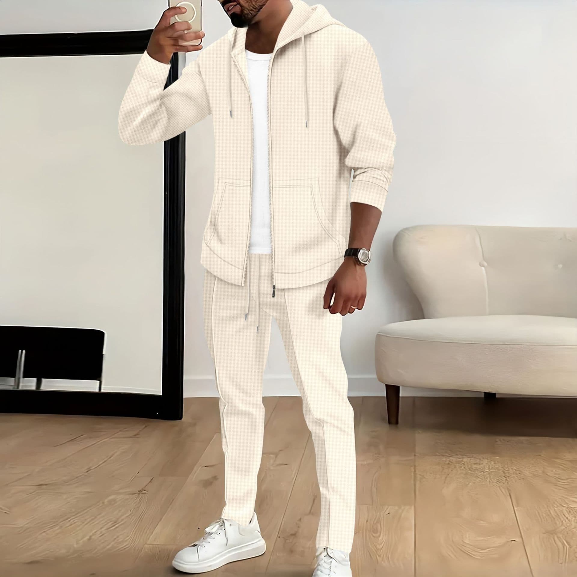 Cardigan à capuche et poches gaufrées pour homme, veste zippée, manches longues, pantalon, costume, nouvelle collection automne