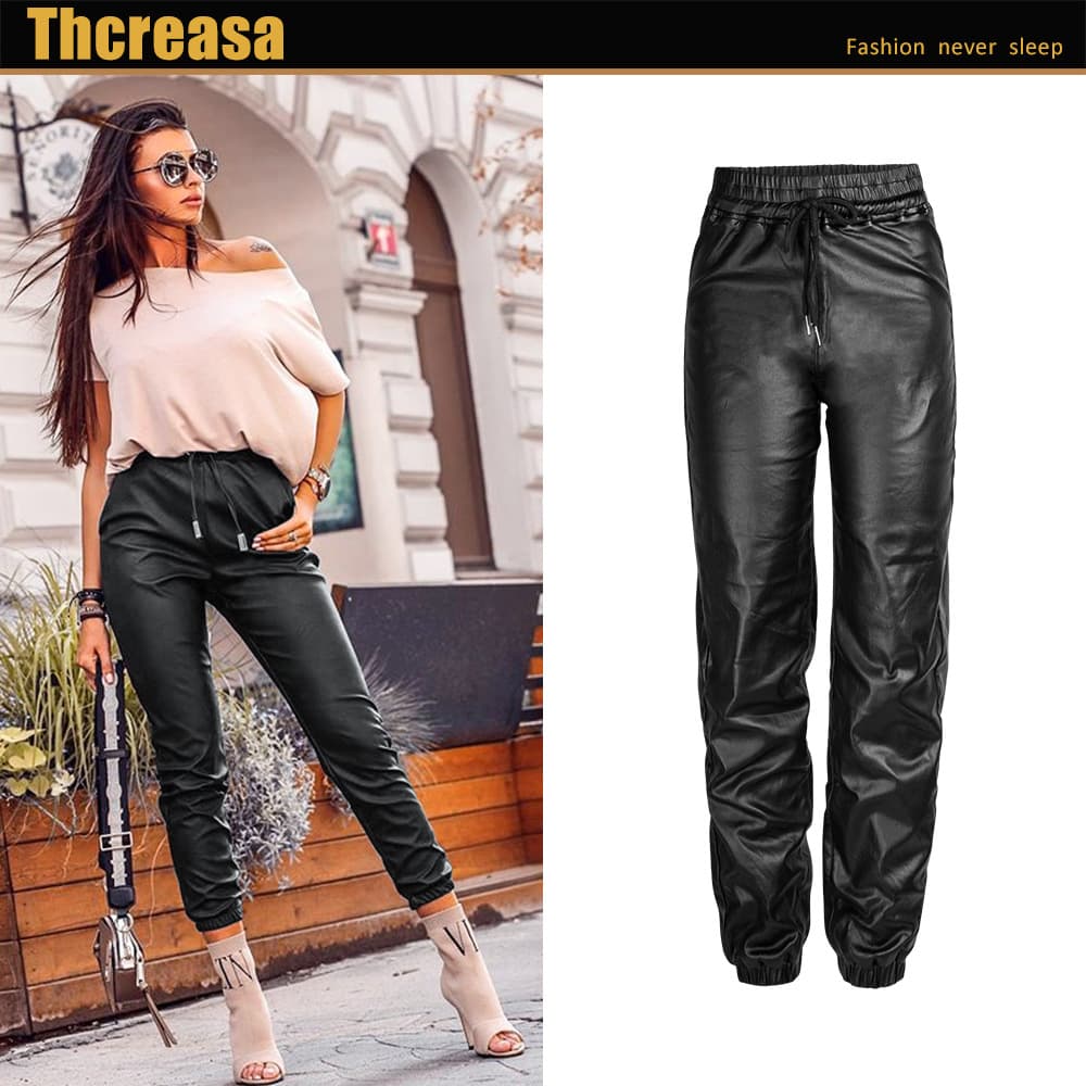 Women's clothing autumn and winter high-waisted loose elastic waist imitation leather women's pants elastic metal hole tie-up nine-point pants