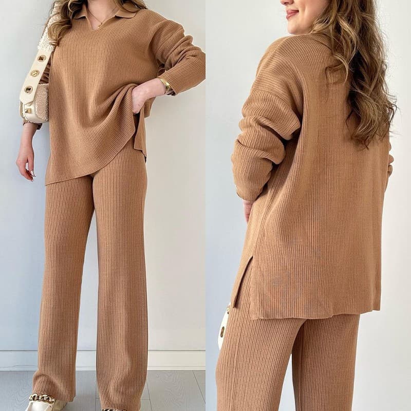 Women's Solid Color Fashion Collar Sweater Loose Casual Two-piece Set