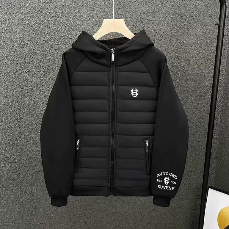Men’s Streetwear Hooded Puffer Jacket – Parisian Letter Print, Slim-Fit Polyester Coat (S-3XL, White/Light Grey/Black)