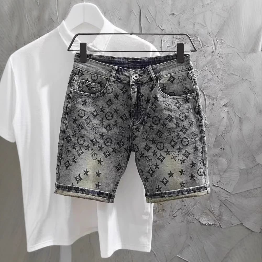 Summer High End Printed Denim Shorts for Men Slim Fit Tapered Leg Korean Style Trendy Five Point Pants