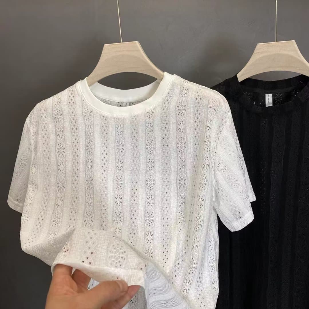 Men's clothing Short-sleeved men's summer new personality hollow tulle high-end niche trend three-color design hollow T-shirt trend