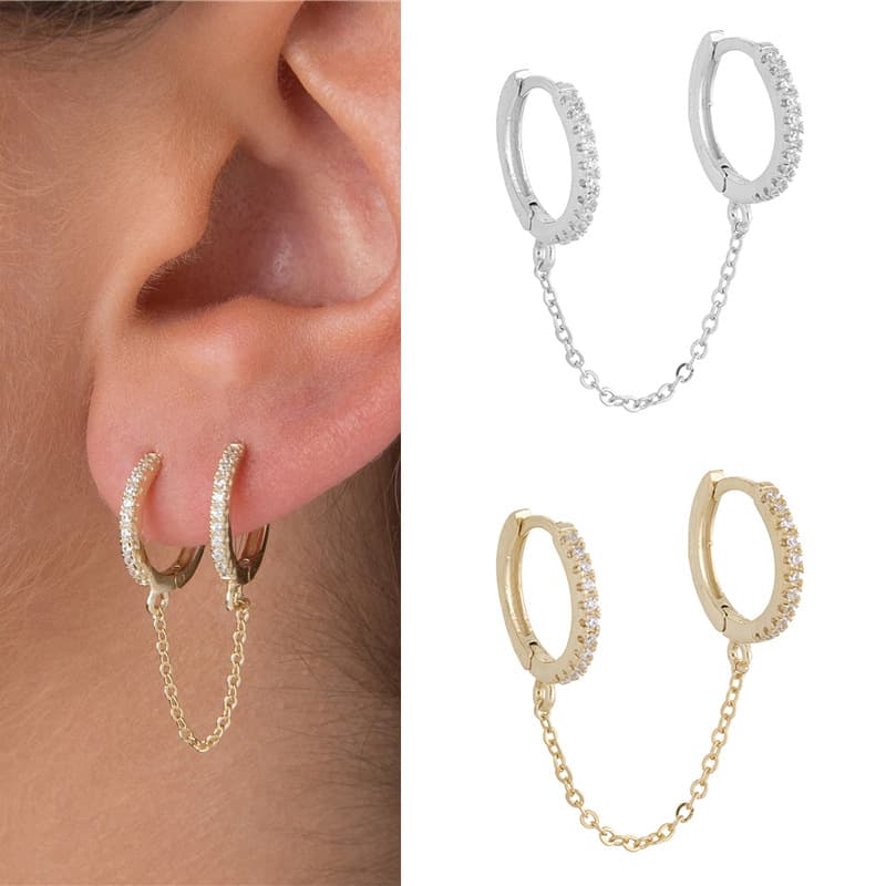Women's sterling silver single round tassel chain earrings micro inlaid zircon personality trend earrings