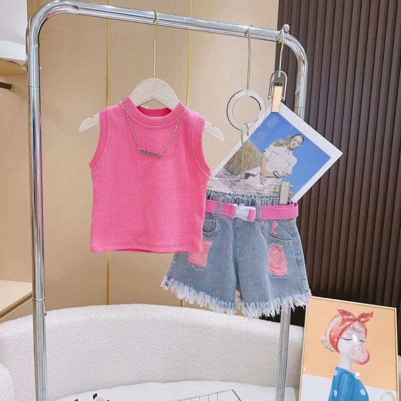 Children's Summer Suit New Style Fashionable Children's Pink Vest T Belt Raw Edge Shorts Suit Trendy.