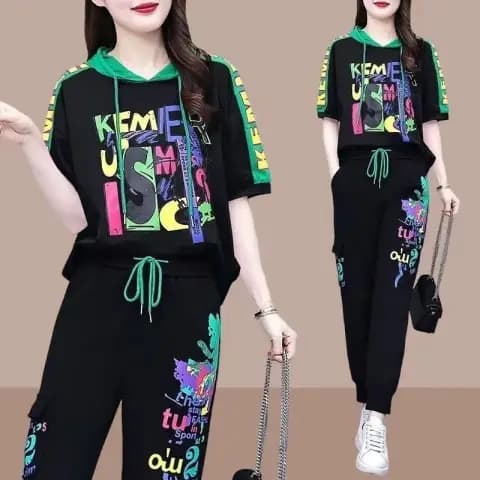 2025 Summer New Sports Casual Set Loose Hooded Printed Women's Design Sense Patchwork Top And Pants