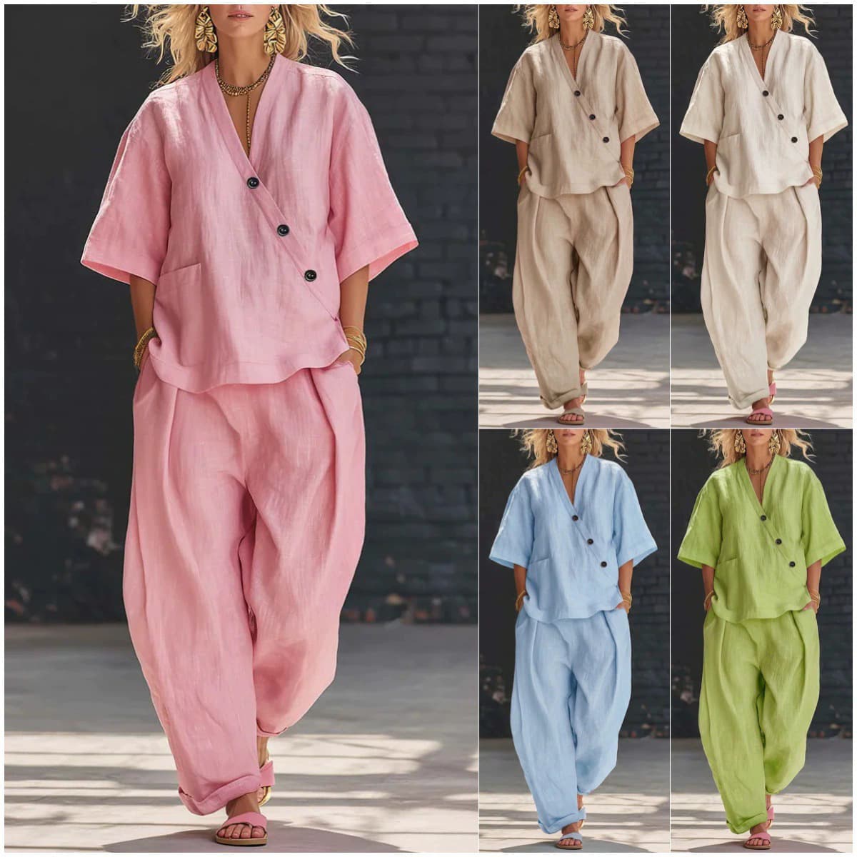 Women's Clothing Women's Fashion Two Piece Set Style V Neck Loose Short Sleeve Top With High Waisted Trousers Solid Color Casual
