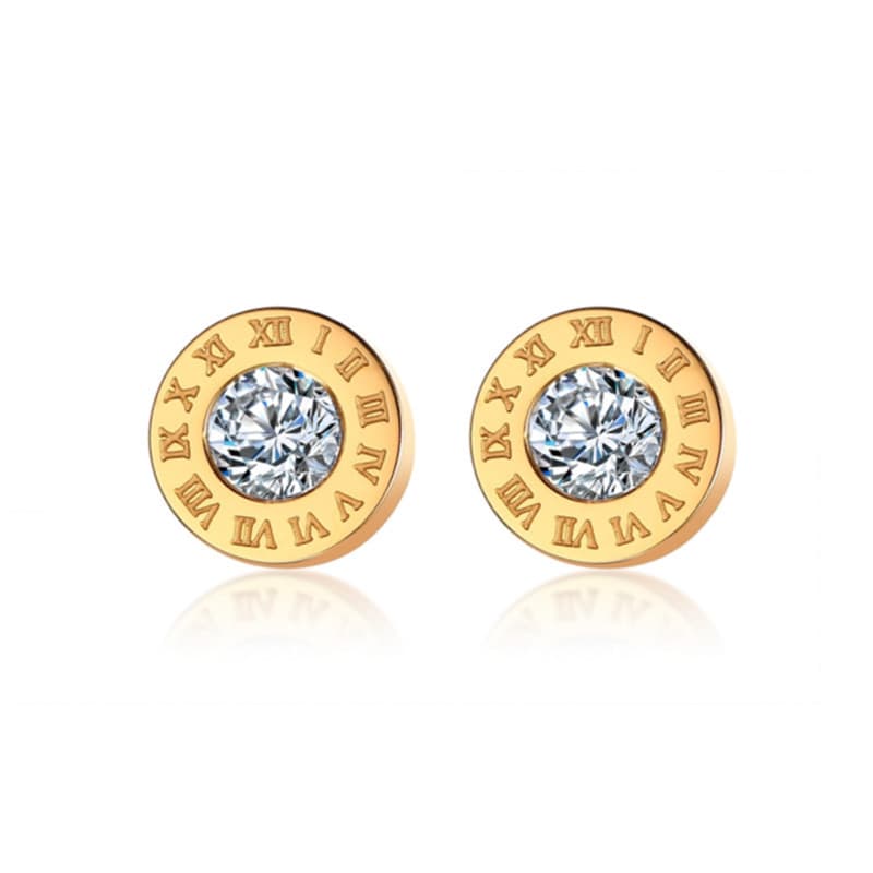 Simple fashion round diamond Roman numeral titanium steel earrings female net celebrity temperament all match earrings earrings trend