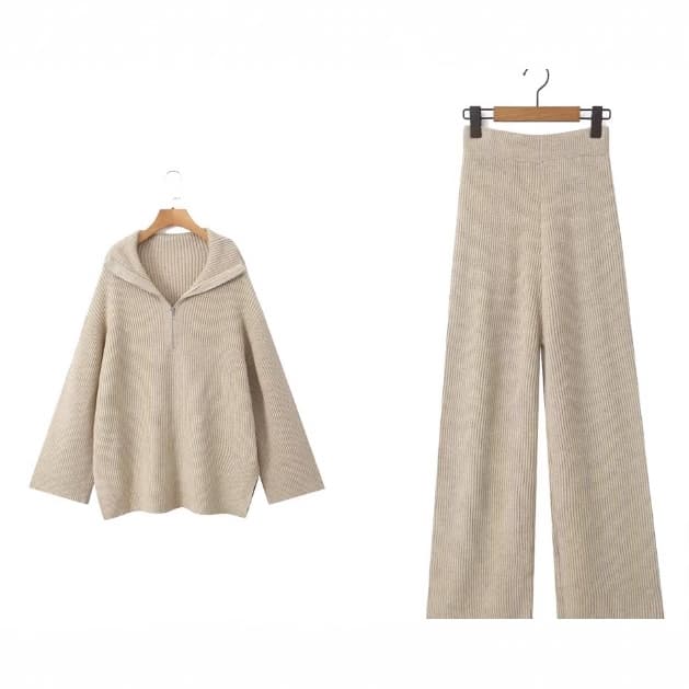 Women's Clothing Chic Oversized Knit Sweater & High-Waisted Trousers Set - Soft Round Neck, Long Sleeves, Streetwear Comfort (Ivory/Grey/Khaki)​