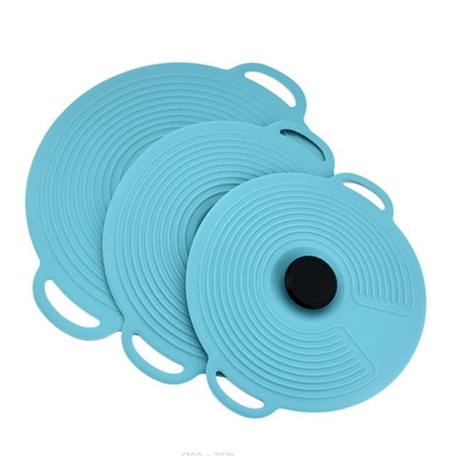 Set of 3 Silicone Lids Extra Large Teal Sturdy Suction Seal Covers Fry Pans Cups and Bowls Grip Handles Interlock Cover Lid