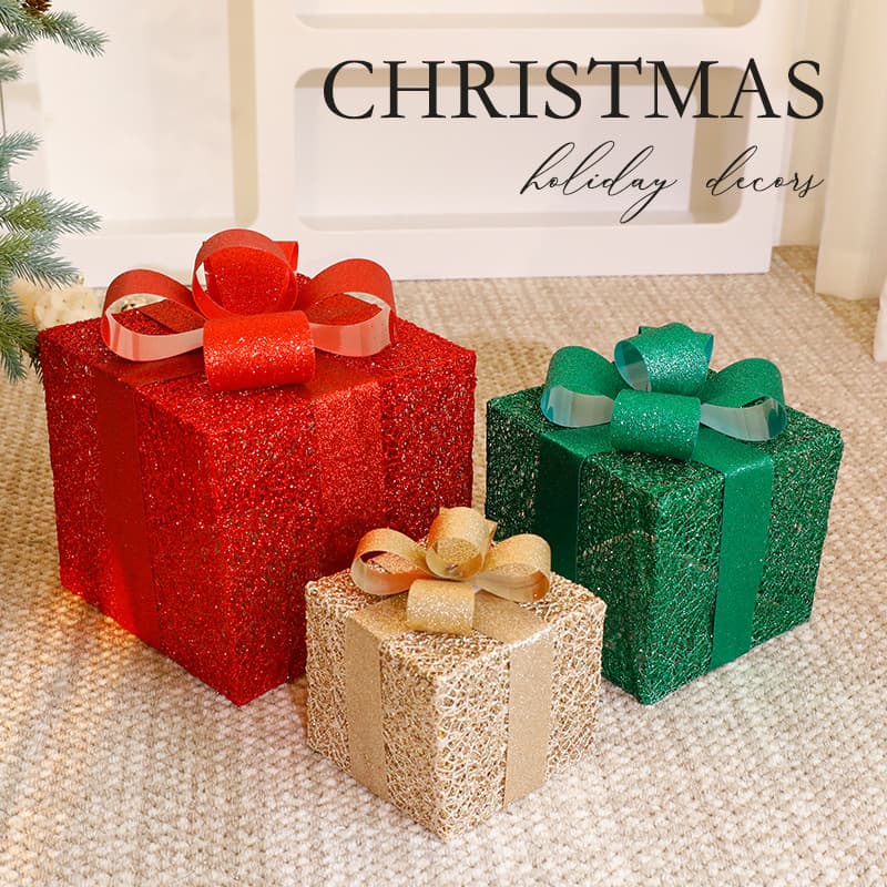 Christmas Decoration Gift Box Trio Set – Stackable Festive Gift Boxes In 10 Elegant Styles (Red/Green/Gold Grid, Glam Gold, Flocked Snow)