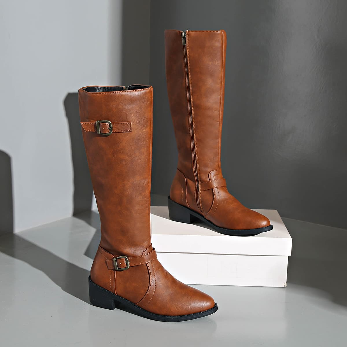 Shoes Leather Boots Side Zipper High Boots High Heel Belt Buckle Knight Boots