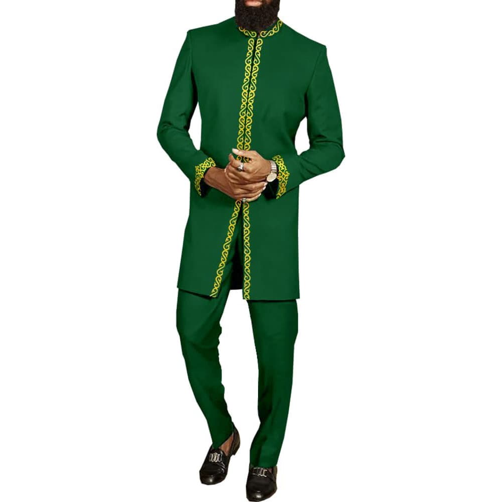 Costume noir africain décontracté brodé pour homme, manches longues, idéal pour les mariages et les banquets.