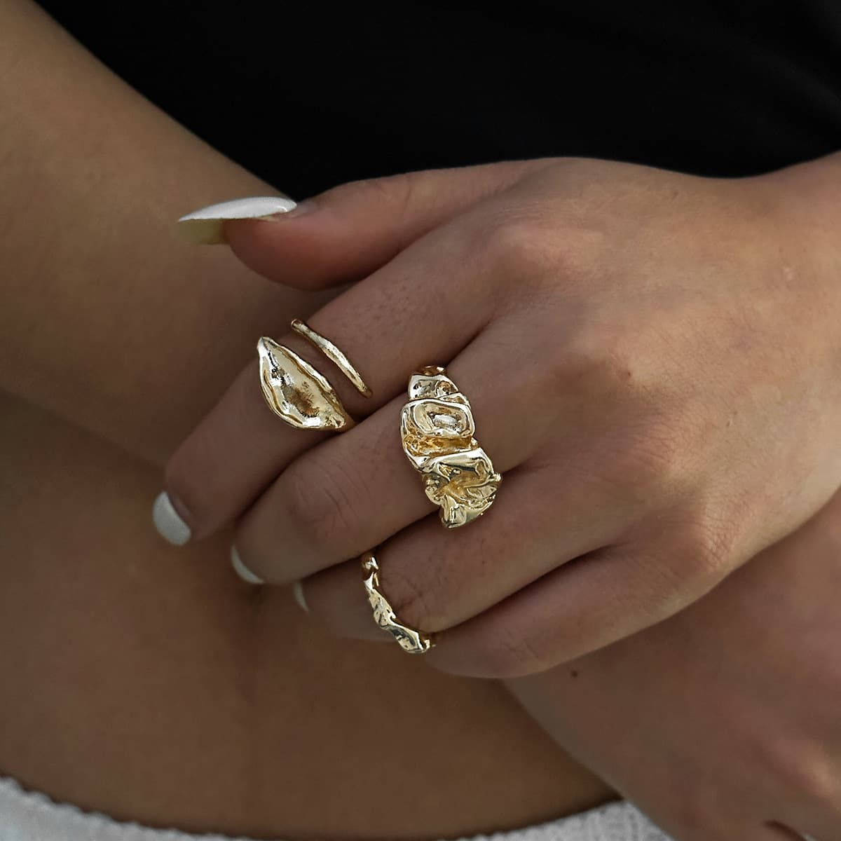 Jewelry Personality Simple Irregular Hand Accessories Cold Style Niche Wrinkle Open Ring Set