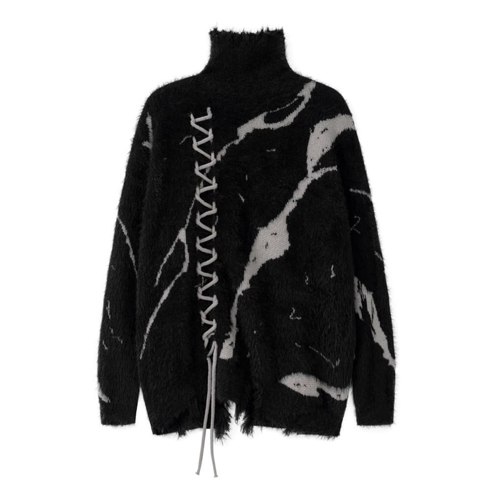 ​​Men's Distressed High Neck Sweater - Oversized Knit Pullover With Lace-Up Detail, Streetwear Crochet Design, Loose Fit Casual Top