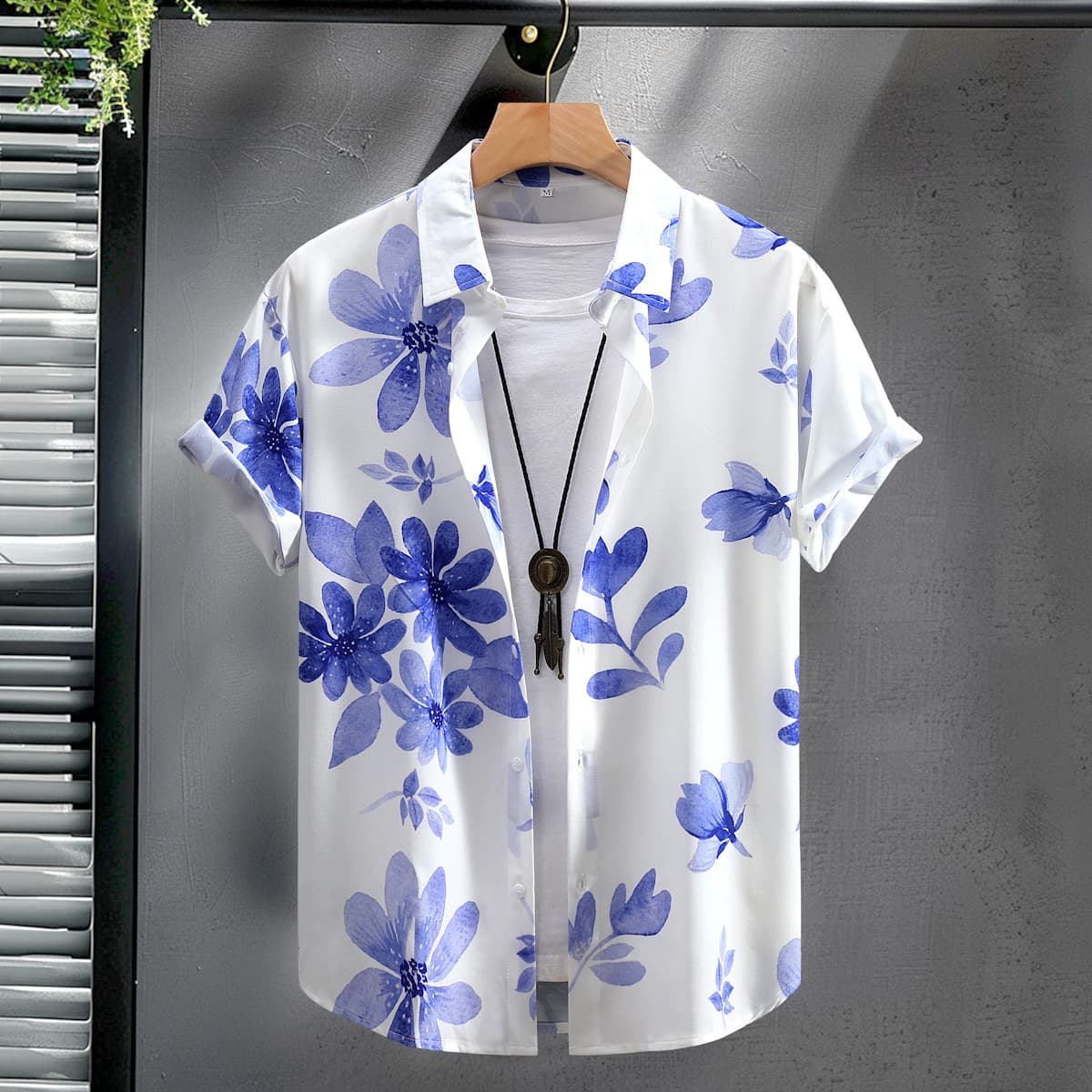 Men's Clothing Short-sleeved Shirt Four-sided Stretch Men's Summer Men's Casual Shirt Blue And White Digital Printing 2024 New