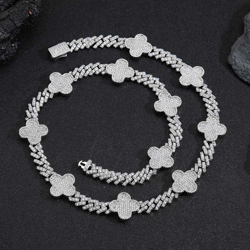 Hip Hop Spring Clasp Four-Leaf Clover Rhombus Cuban Chain Zircon Versatile Men's Necklace
