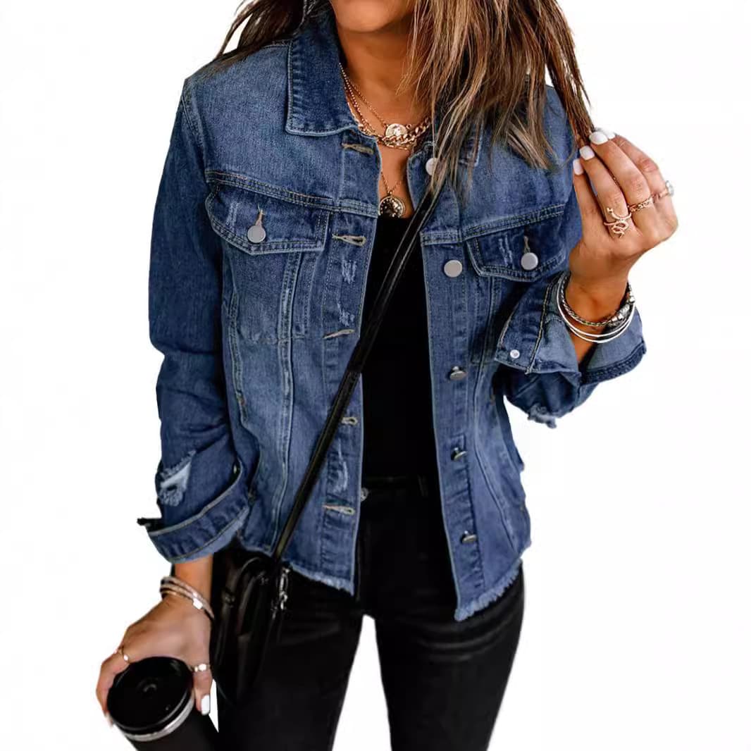 Women's Clothing Distressed Denim Jacket - Vintage Washed Short Cropped Jean Coat With Lapel Collar & Long Sleeves​