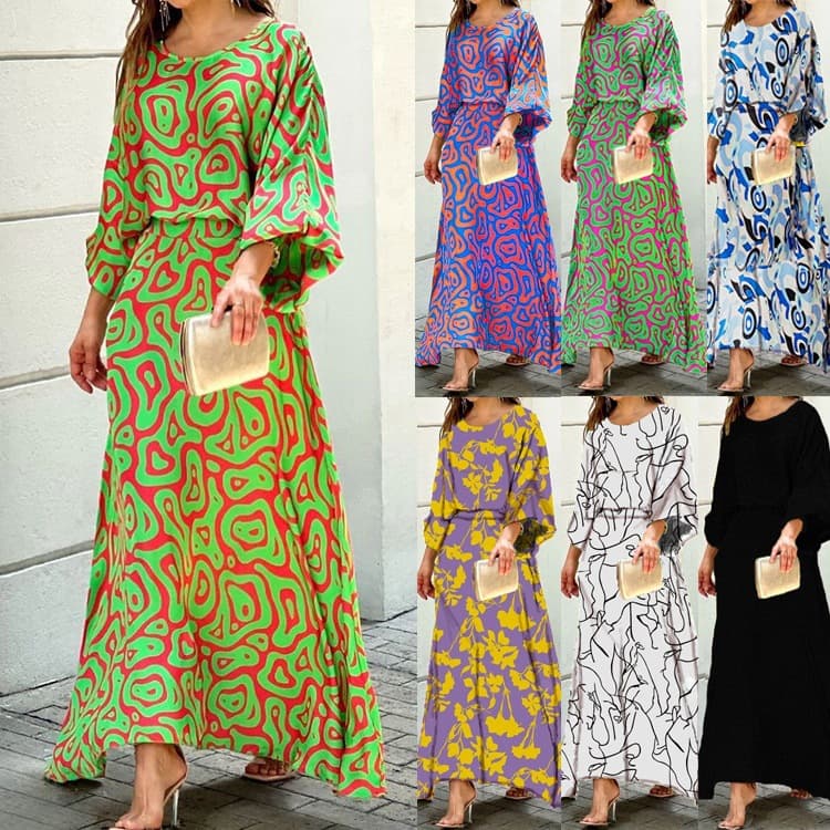 Women's summer new loose-printed long-sleeved top high waist and bust plus size long skirt suit