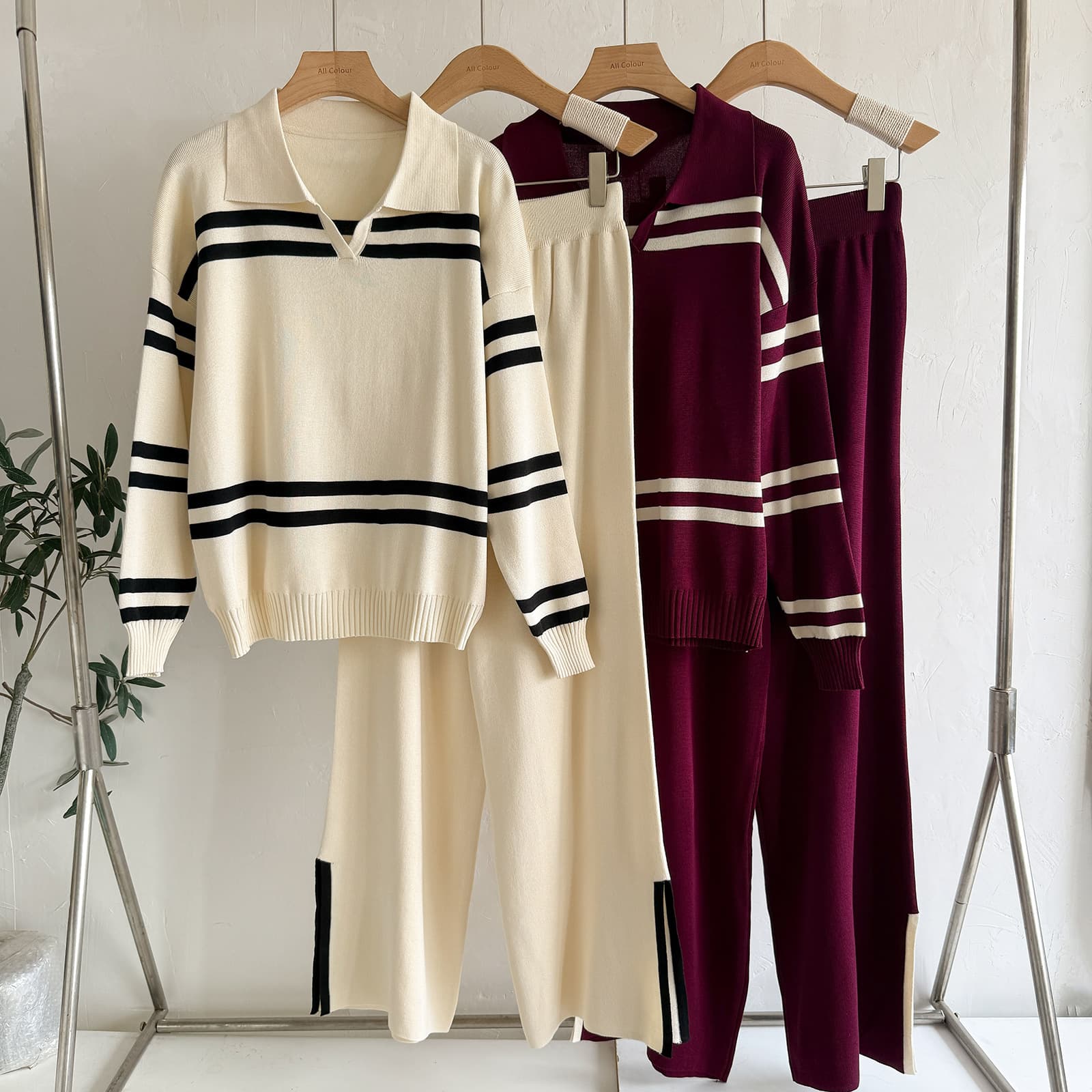Women's Casual Striped Knit Sweater Set – Contrast Lapel Loose Fit (Black/Apricot/Burgundy/Brown, One Size)