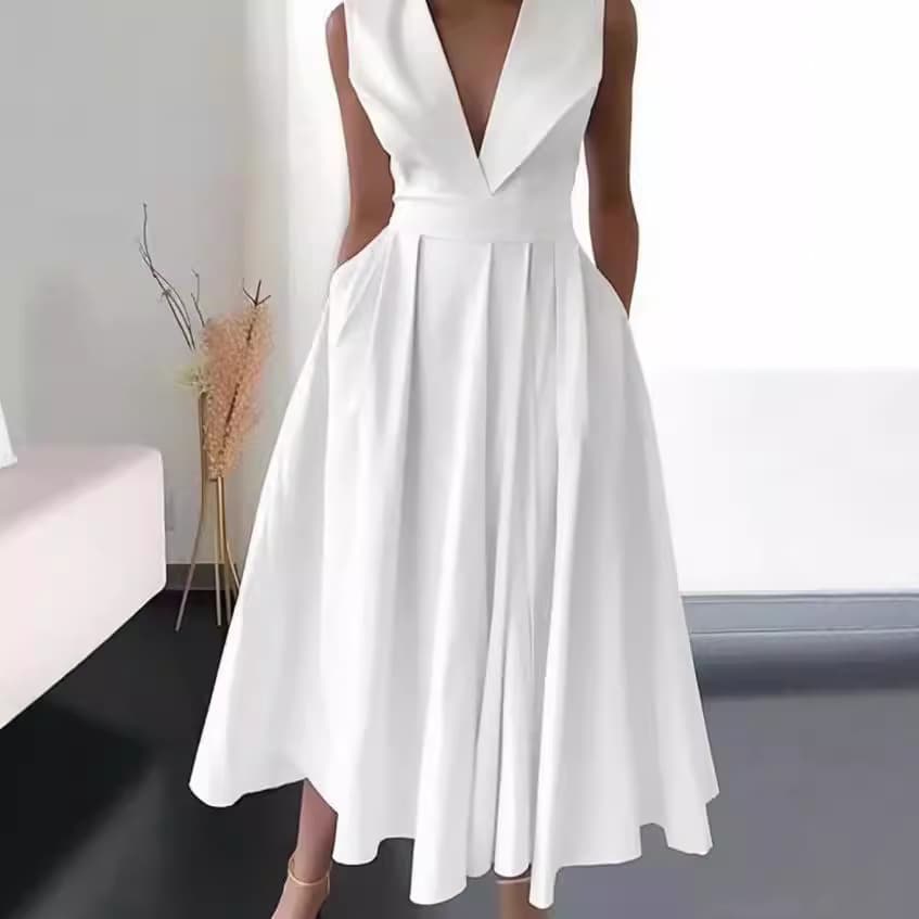 Women's Clothing Women's Summer Sleeveless Waist Pocket Large Swing Medium Length Solid Color Dress