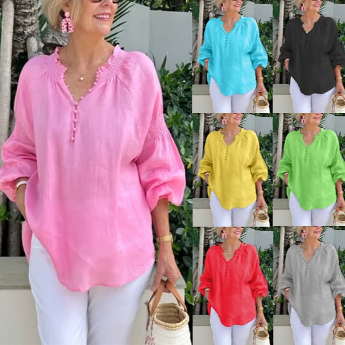 Women's Clothing Spring And Summer Casual V Neck Solid Color Cotton And Linen Long Sleeved Tops