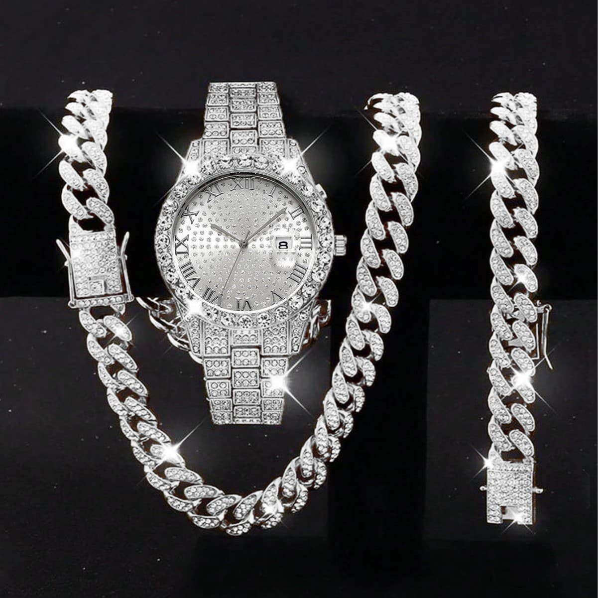 3-Piece Hip Hop Bling Set - Cuban Link Chain, Bracelet & Quartz Watch For Men - Iced Out Gold/Silver/Rose Gold
