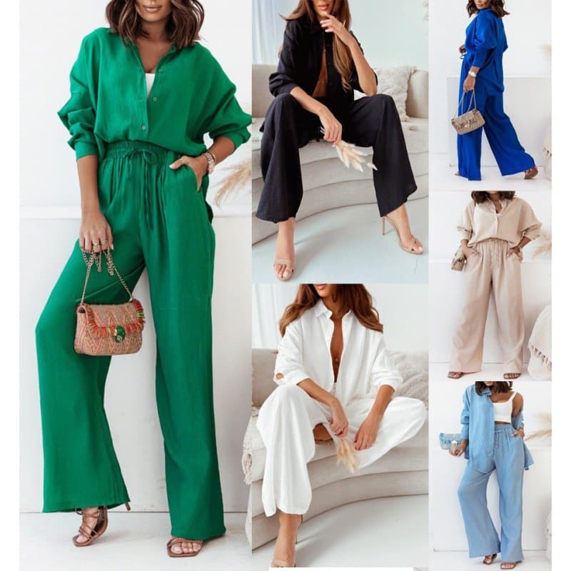 Fashion 2 Piece Set Loose Wide Leg Pants Long Sleeved Shirt Casual Suit For Women Autumn Winter New