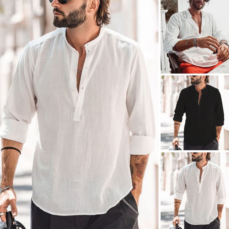 Men's Clothing New men's casual stand-up collar solid color long-sleeved shirt WISH bamboo cotton and linen shirt