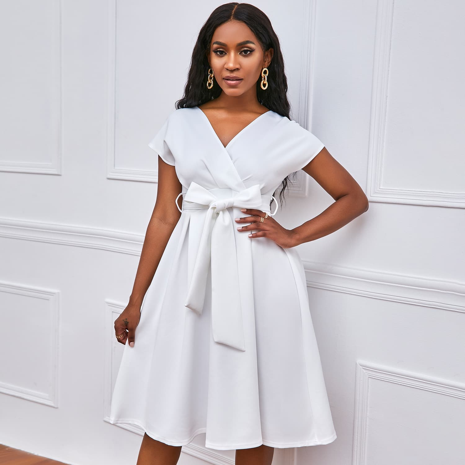 plus size women's clothing plus size summer solid color deep V-neck sexy dress African dress