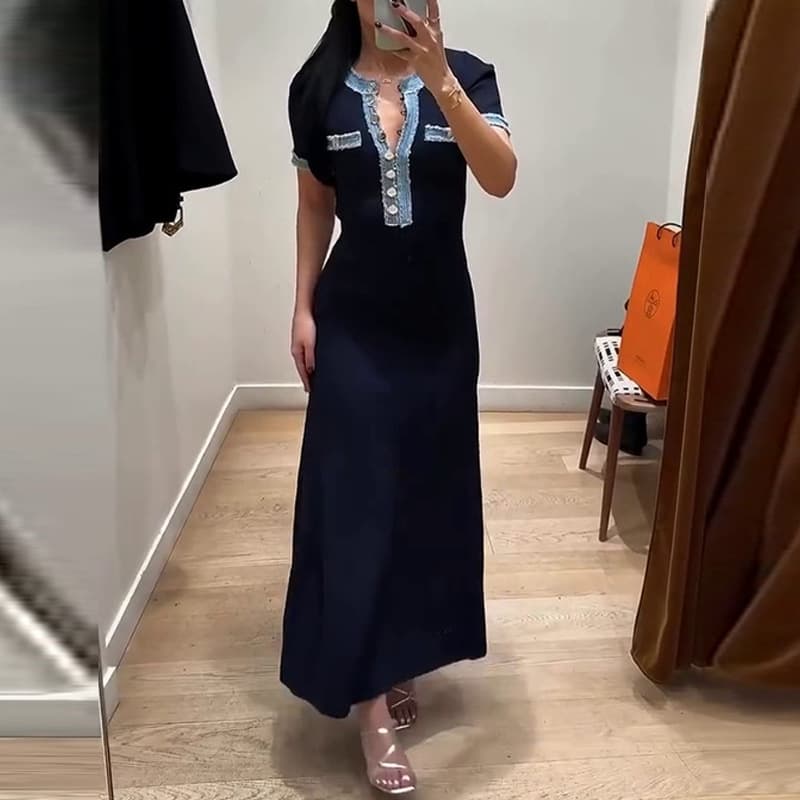 Women's Clothing Denim Splicing Dress Simple Waist Hip Long Skirt