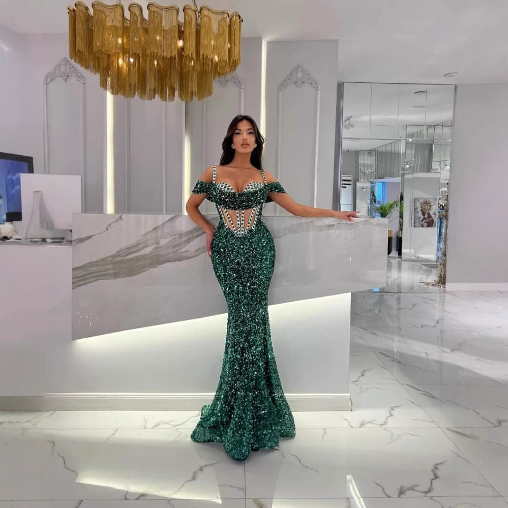 Glitter Sequin Mermaid Evening Dress With Beaded Detailing – Elegant One-Shoulder Long Sleeve Formal Gown For Parties & Banquets
