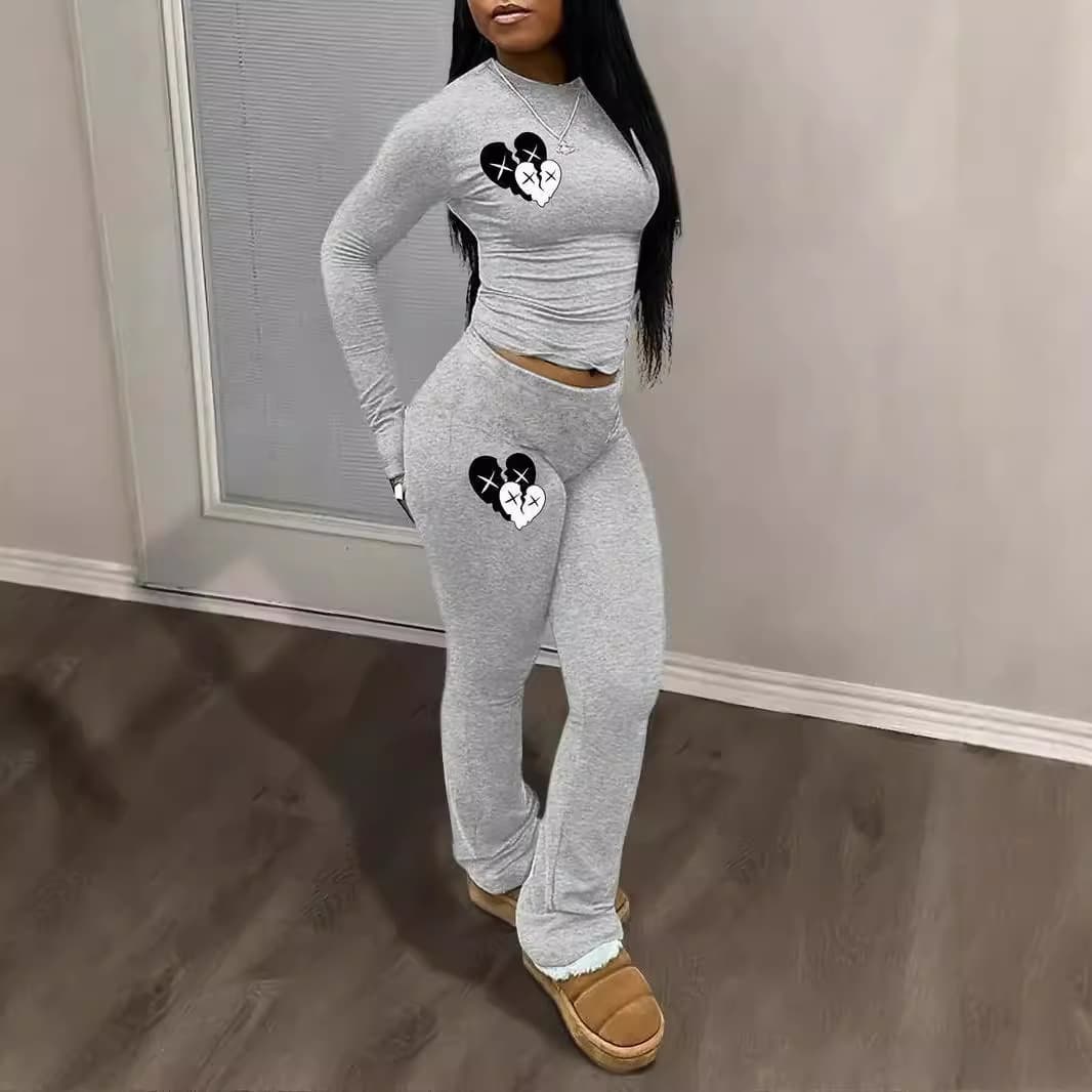 Women's Clothing Love Print Suit Long Sleeved Round Neck T Shirt Trousers Suit
