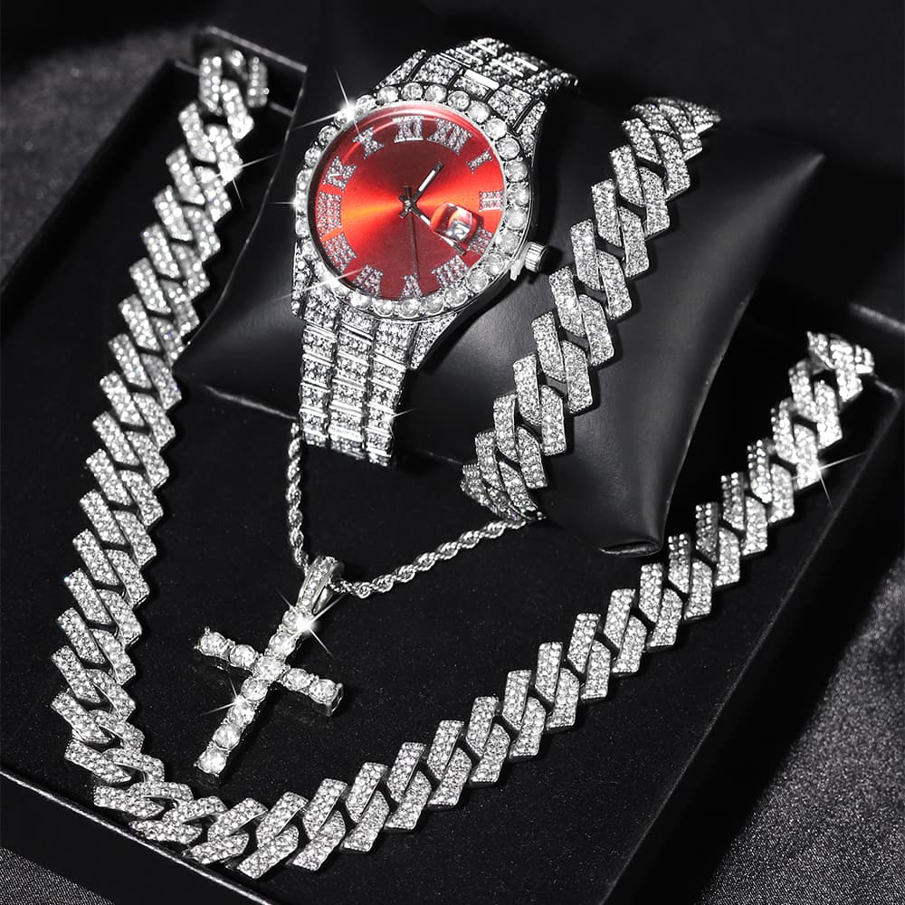 2025 New Arrivals Iced Out Popular set Watch+Bracelet+Necklace With Gift Box Cuban Chain Cross Pendent Jewelry HipHop Style For Men Women