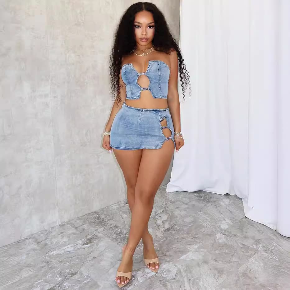 Women's Clothing Summer New Fashion Sexy Tie String Chest Wrap Top Slit Hip Skirt