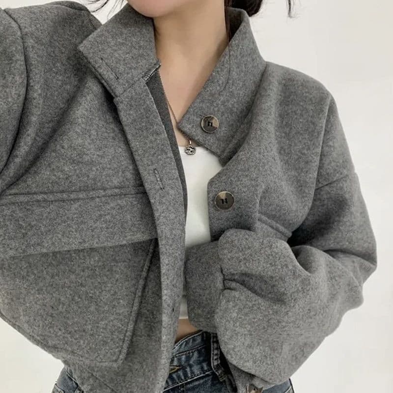 ​​Oversized Wool-Blend Cropped Jacket For Women – Stand Collar Streetwear Coat In Beige, Black & Army Green​​