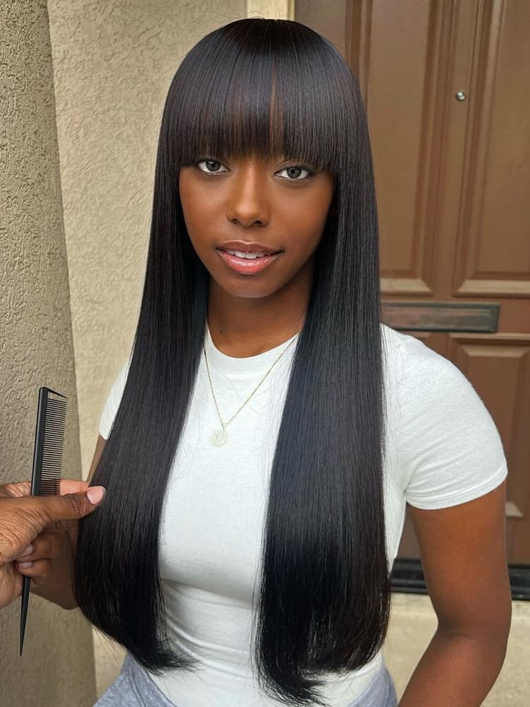 Perruque bob lisse à frange, 100% cheveux humains brésiliens, coupe au carré, très tendance.