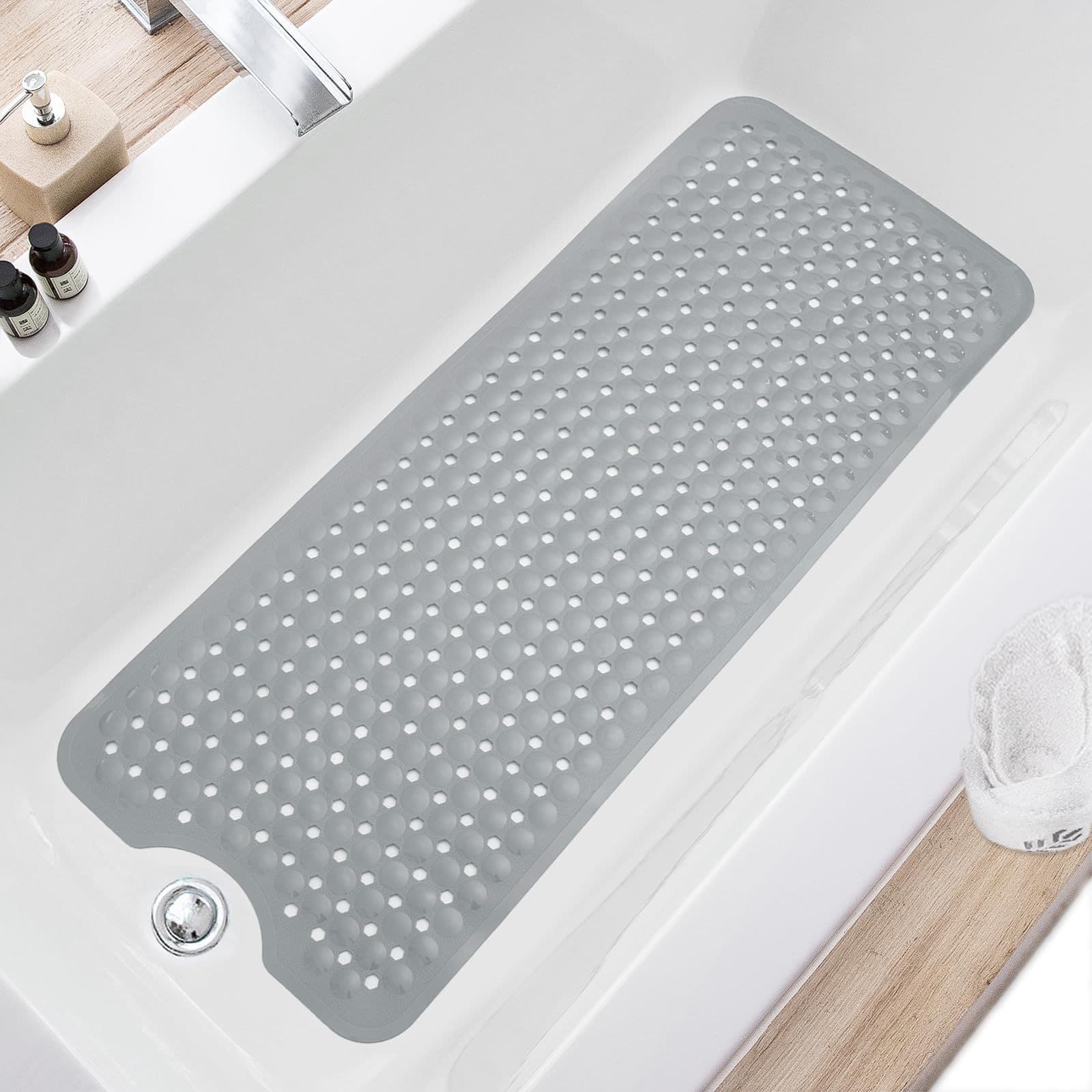 Non-Slip Bathtub & Shower Mat - Soft Bathroom Floor Mat With Drain Holes & Suction Cups (Anti-Mold Quick-Dry 32"X16" Gray/White)