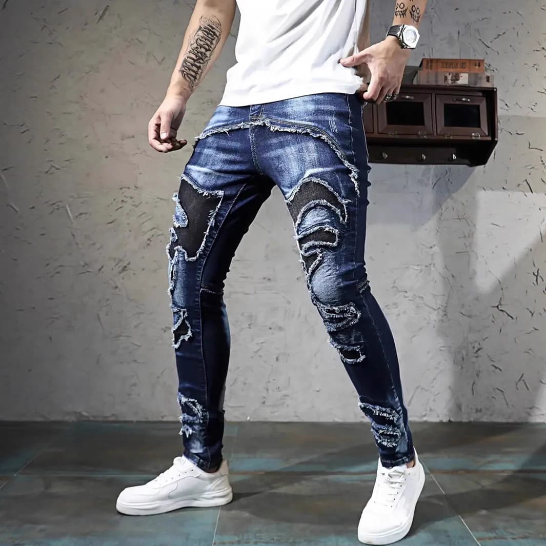 Jean homme haut de gamme High-Street – Coupe slim droite extensible (S-2XL, denim délavé)