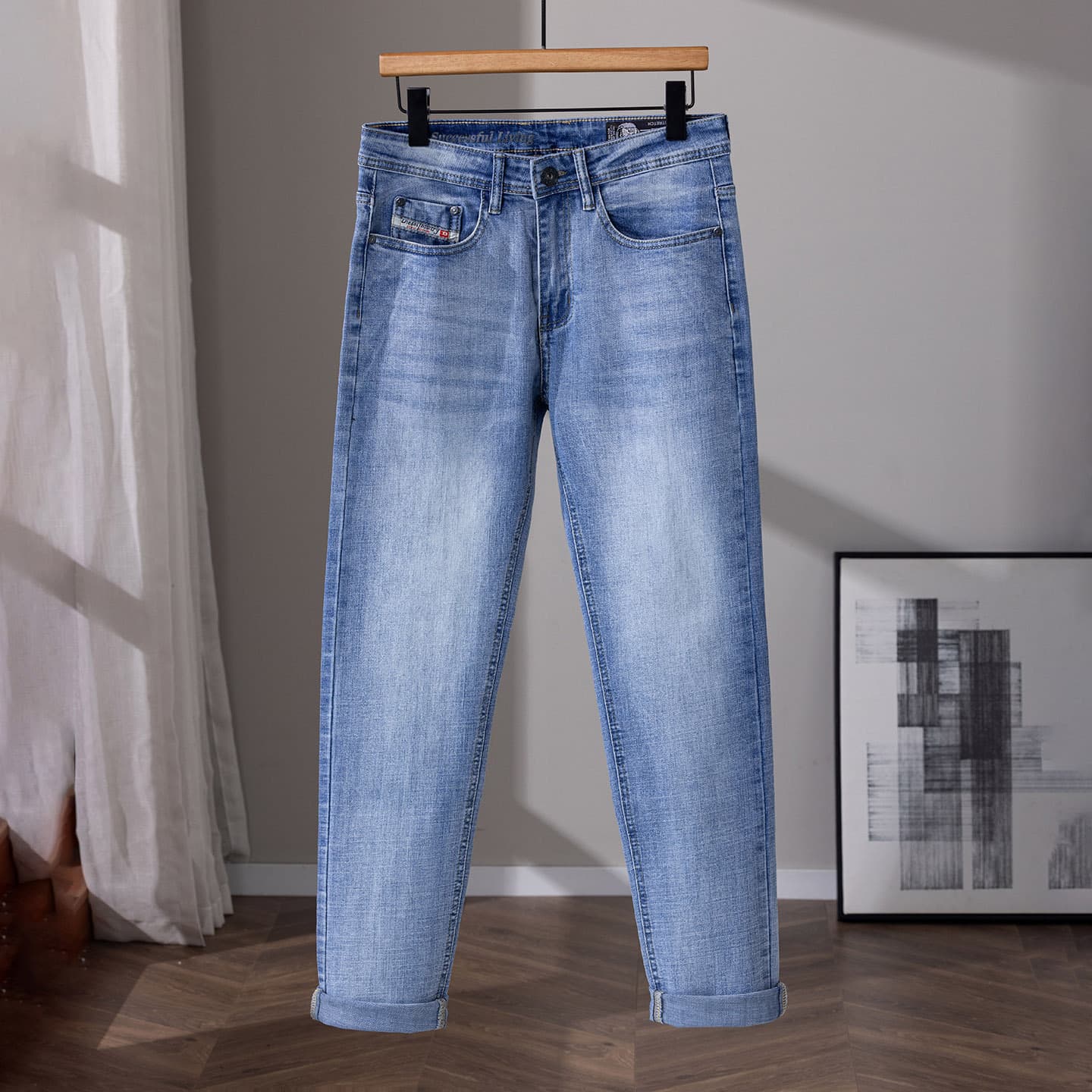 Men's Trendy Stretch Business Casual Straight Leg Jeans Midweight Cotton Black Blue Wide Leg Pants For Spring Autumn