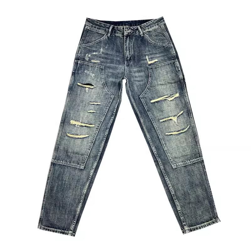 Trendy Brand Retro Heavy Ripped Tooling Jeans Men's American High Street Loose Small Straight Trousers Men's Tapered Pants