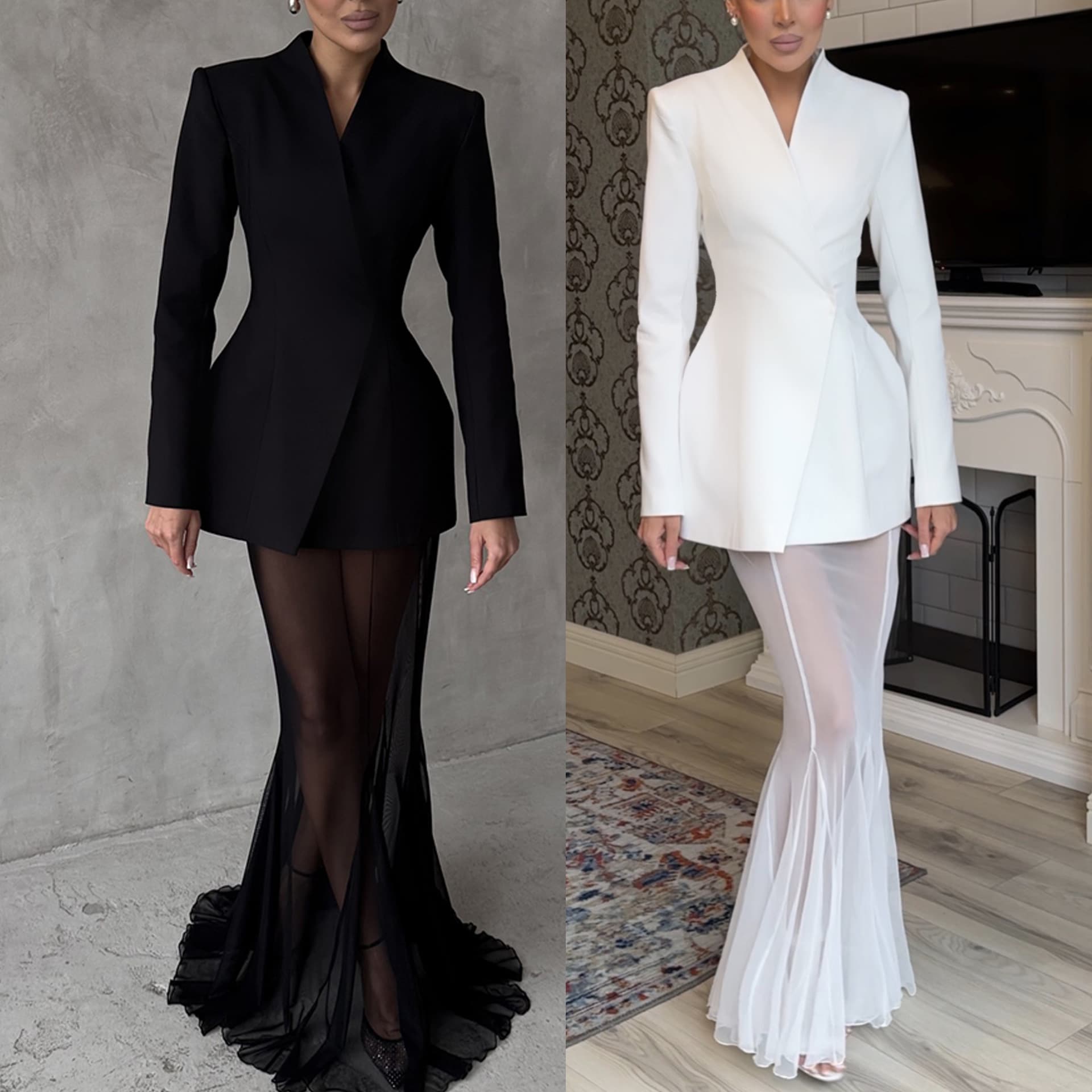 Women's Clothing Long Sleeve Satin Top Suit Loose Stretch Yarn Mesh Skirt Two-piece Set