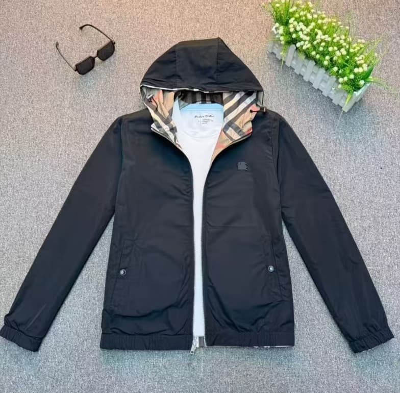 Veste coupe-vent réversible à capuche pour homme, doublure à carreaux double face, légère, fermeture éclair, noire, idéale pour le printemps e