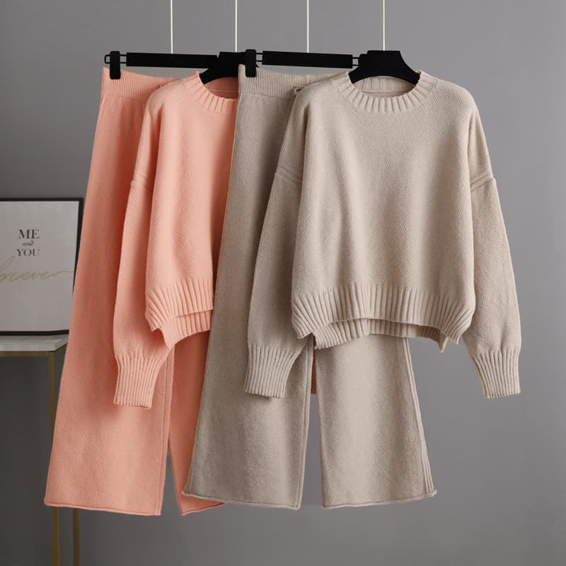 K New Fashion Casual Knitted Suit Pants For Women, Loose Sweater Wide-leg Pants Long Pants Two-piece Set.