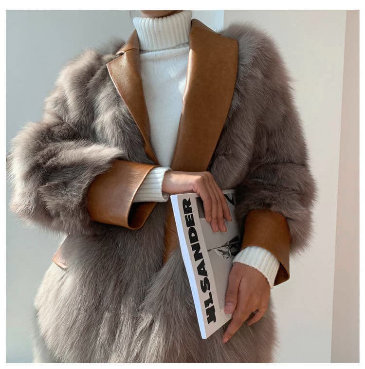 Women's suit jacket fox fur mid-length fur coat patchwork leather coat