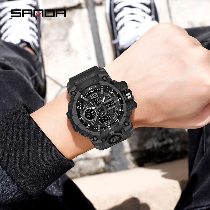 Montre de sport analogique numérique unisexe avec alarme, double fuseau horaire et étanchéité jusqu'à 50 m - Cadran phosphorescent pour étudiants et amateurs de plein air