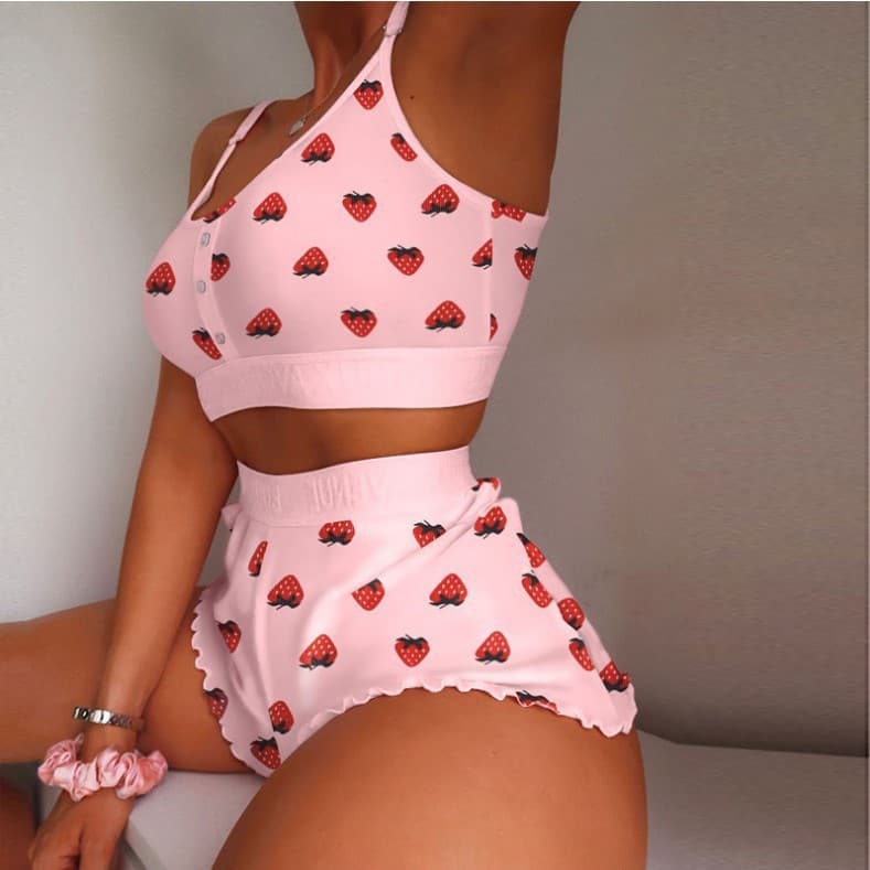 Women's fashionable printed suspenders two-piece set, cool, thin, tight and sweet home clothes